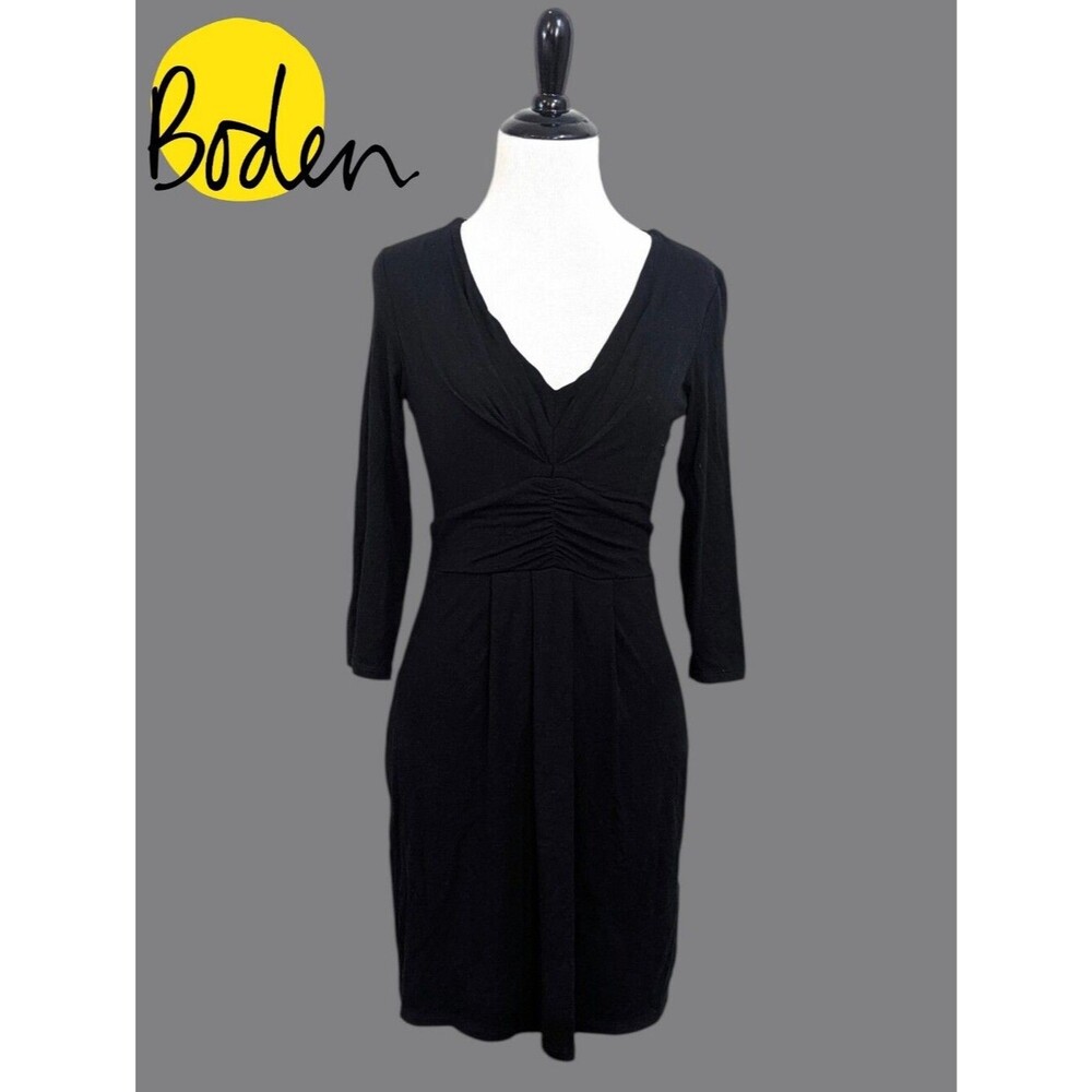 Boden Solid Black Stretchy Twist V-Neck Long Sleeve Dress - Size 4P / 4 Petite